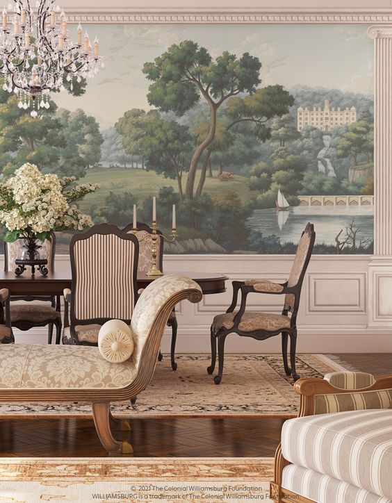 Dining room with a mural on the walls of lush green trees and a large house, WILLIAMSBURG Mural Collection by Paul Montgomery Regency Views.