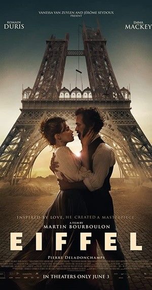 Eiffel the movie poster, a man and a woman embracing in front of the Eiffel Tower. 