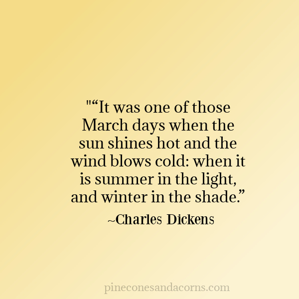 “It was one of those March days when the sun shines hot and the wind blows cold: when it is summer in the light, and winter in the shade Charles Dickens quote. 