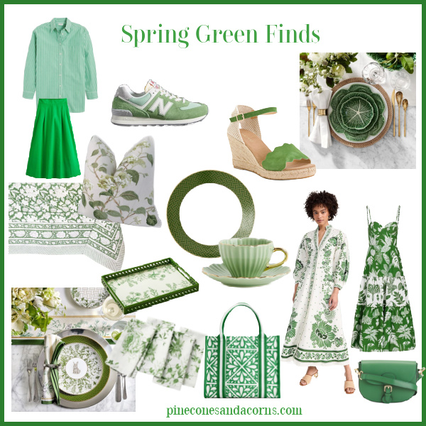 Spring Green Finds for Interiors and Fashion over 50, dresses, skirts, bags, dishes, cups, trays, sandals and tennis shoes.