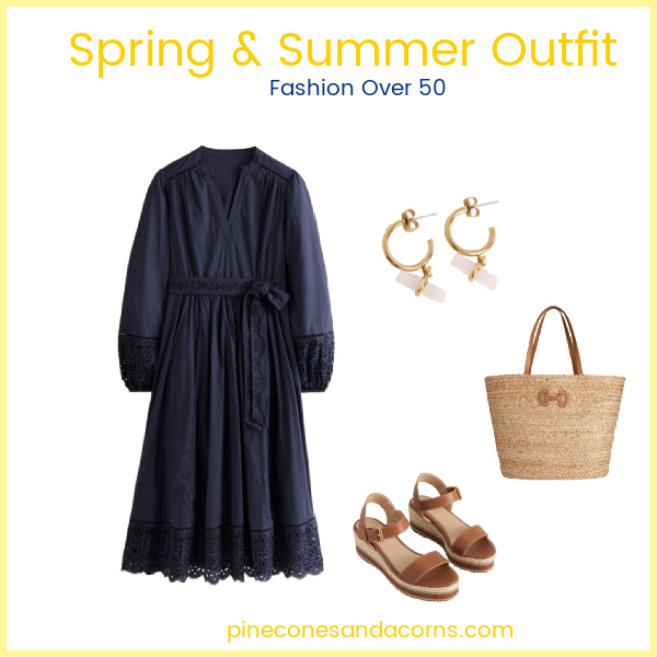 Spring and Summer Fashion over 50 casual outfit blue dress, tan wedge sandals, wicker tote with tan leather accents and a pair of gold hoop earrings with pale pink crystals.