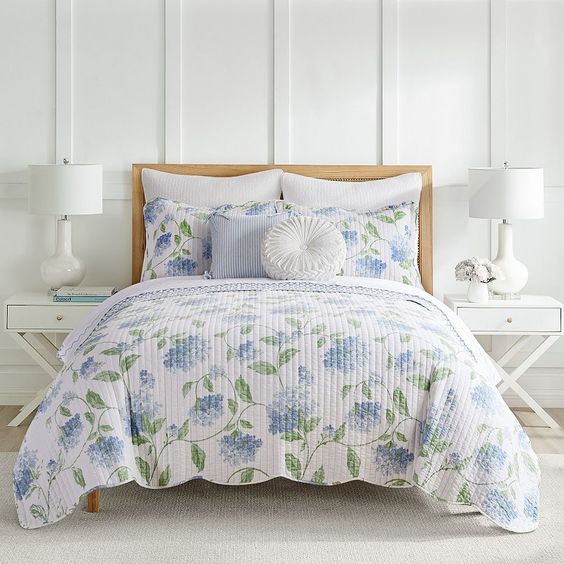 Blue and white hydrangea comforter Draper James. 