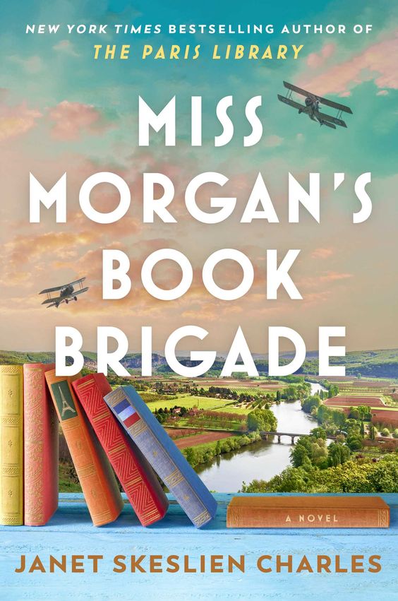 Miss Morgan's Book Brigade book cover with a landscape and a river and books superimposed over the top. 
