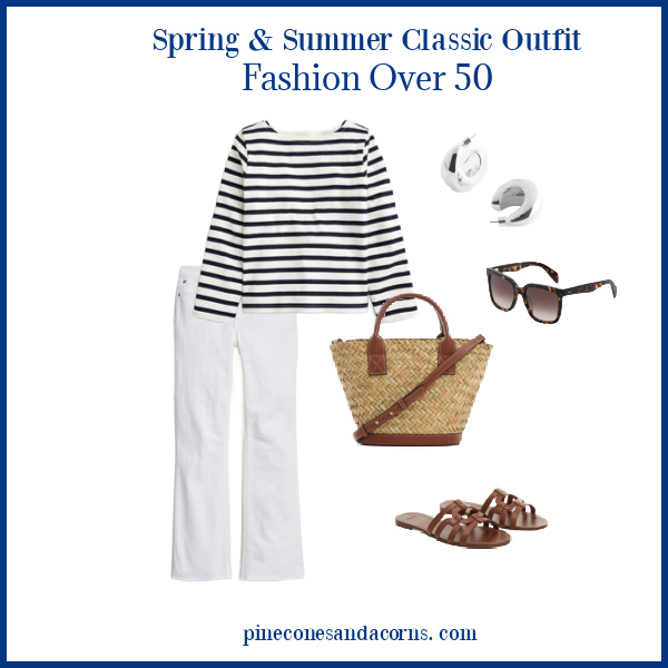 Blue & White Spring and Summer Outfit with a stripe shirt, white jeans, cognac colored sandals, a market bag and silver earrings. 
