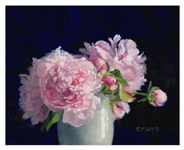 Elizabeth Floyd Pink peonies in a white vase. 