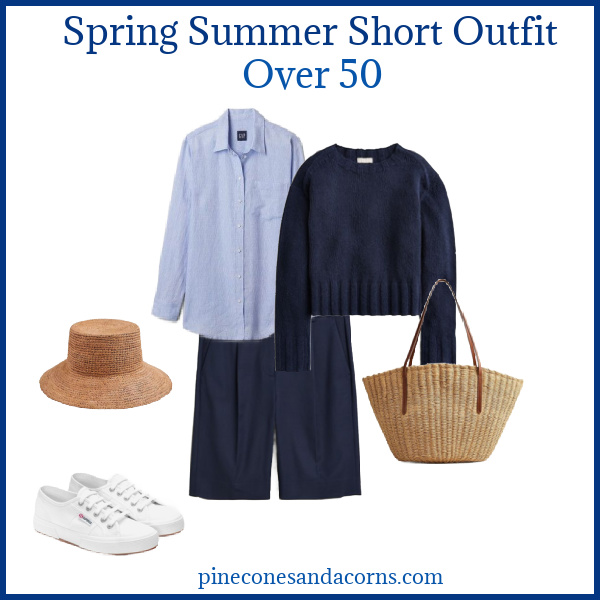 Navy Short Outfit Fashion Over 50 Spring Summer with blue shorts, pale blue linen shirt, blue sweater, white tennis shoes, a straw hat and straw bag.