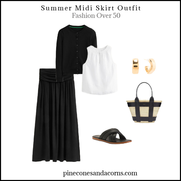 Summer Midi Skirt Outfit Fashion over 50 with a black skirt, sweater and shoes and a white shirt.
