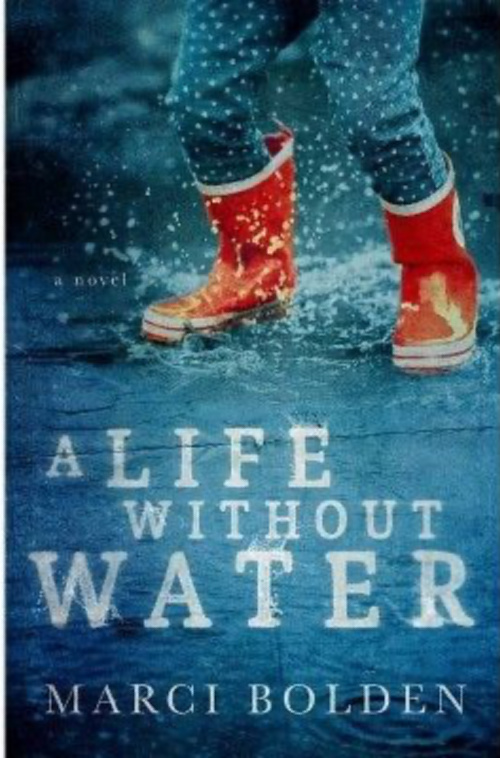 a life without water book cover, with someone wearing red boots splashing gin water. 