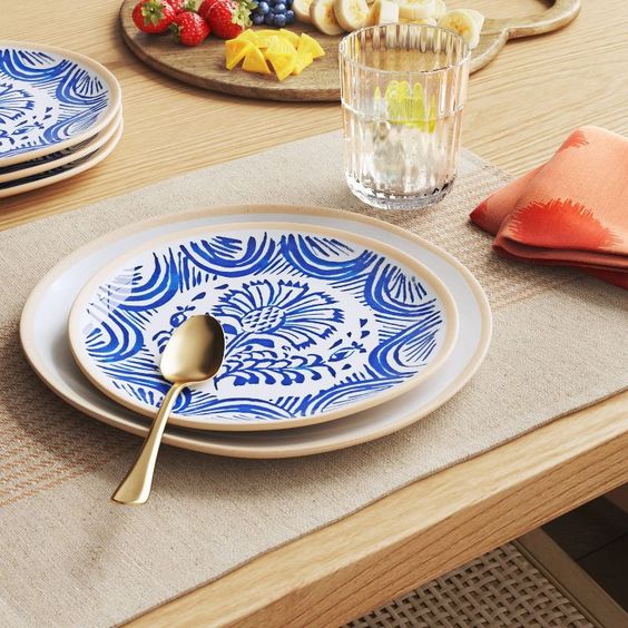 Blue and white patten plate on a table. 