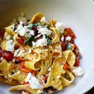 Pappardelle Pasta with Roasted Summer Vegetables and Goat Cheese.