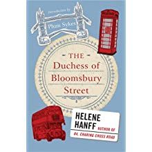 The Duchess of Bloomsbury Street, book cover with the London Bridge, A red double decker bus and a red telephone booth. 