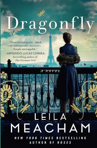 Dragonfly book cover with a woman standing on a balcony looking at the Eiffel Tower. 