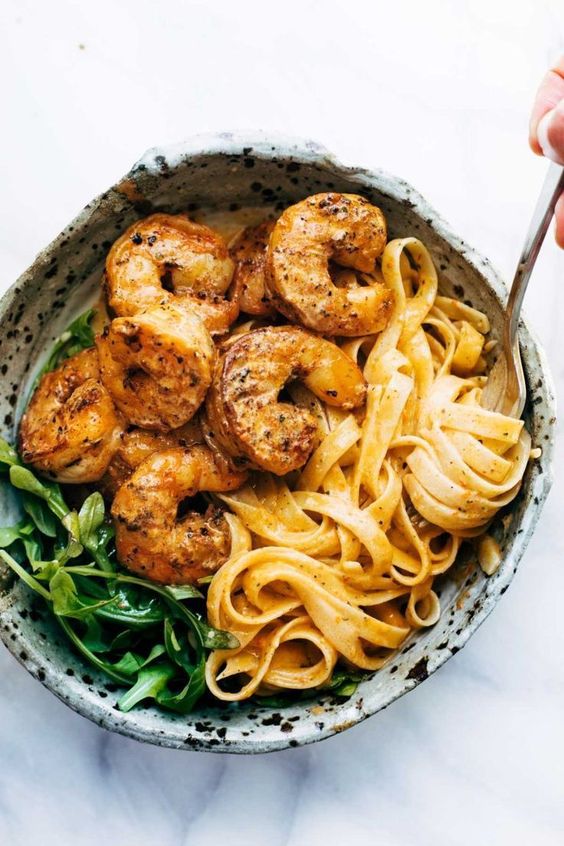 Red Pepper Fettuccine with Shrimp.