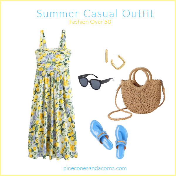 Fashion over 40 Summer Casual Dress outfit with a lemon print dress and straw bag and blue sandals and gold earrings.