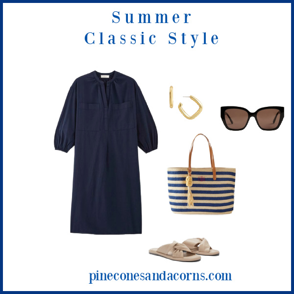 Fashion over 50 Summer Classic Style, blue dress, nude shoes, blue blue and tan stripe bag, sun glasses and gold hoop earrings.