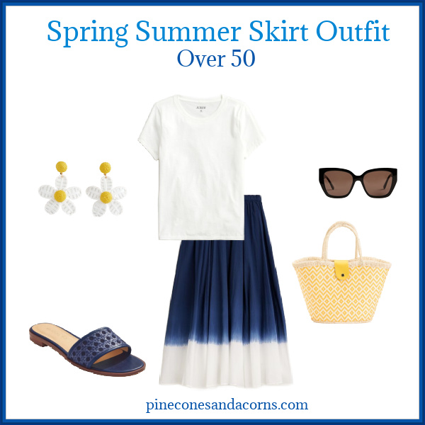Spring Summer Skit Outfit with blue and white skirt and yellow accent purse and earrings. 
