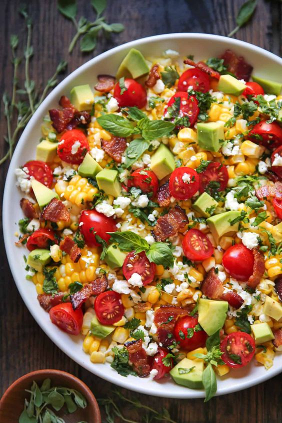 vocado Corn Tomato Salad with Bacon and Creamy Cilantro-Lime Dressing