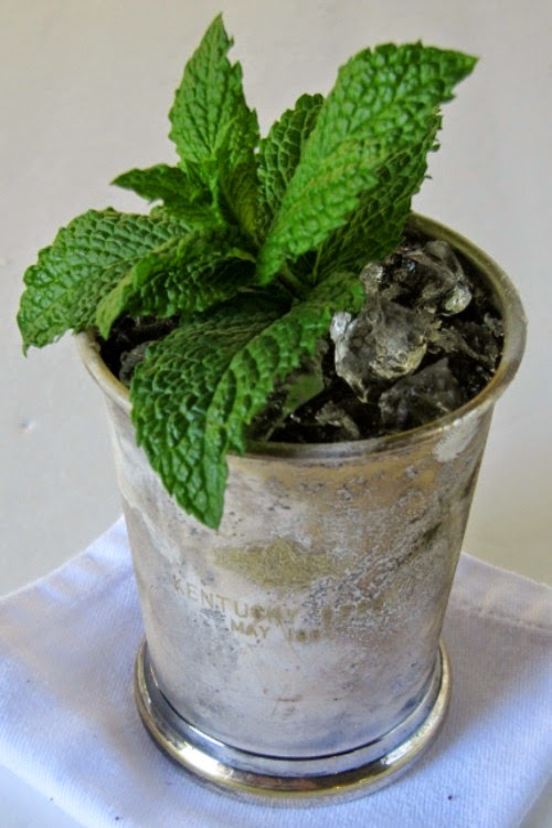 mint-julep in a vintage silver cup with a spring of mint. 