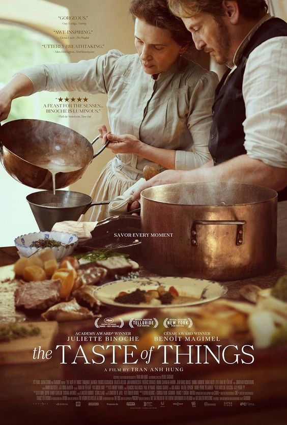 The Taste of Things movie, with a woman and a man in the 18th century in a kitchen cooking. 