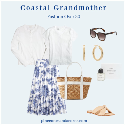Coastal Grandmother Summer Style Fashion over 50, blue and white flower skirt, white t-shirt and white sweater, sandals, tote, gold earrings, perfume and sunglasses. 