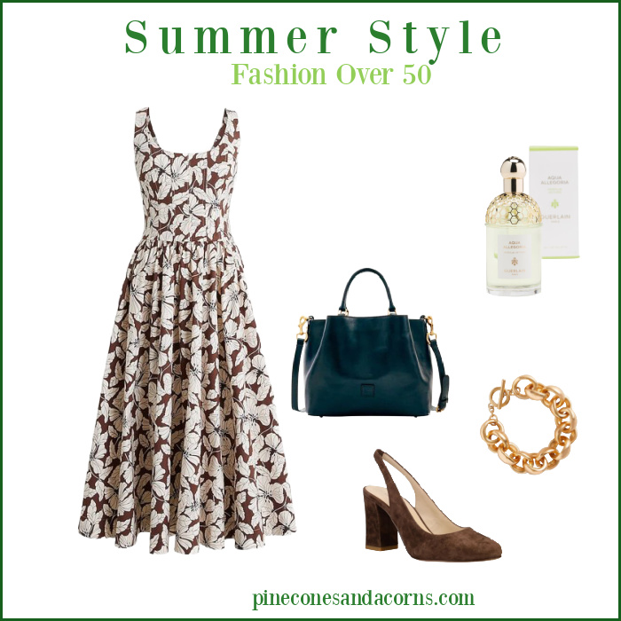 Fashion Over 50 Brown and white dress, dark green handbag, brown shoes, gold bracelet and a bottle of perfume.