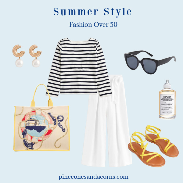 Fashion over 50 Blue & White stripe shirt, white pants, yellow sandals, gold earrings, black sun glasses, perfume and a nautical inspired bag, summer style.
