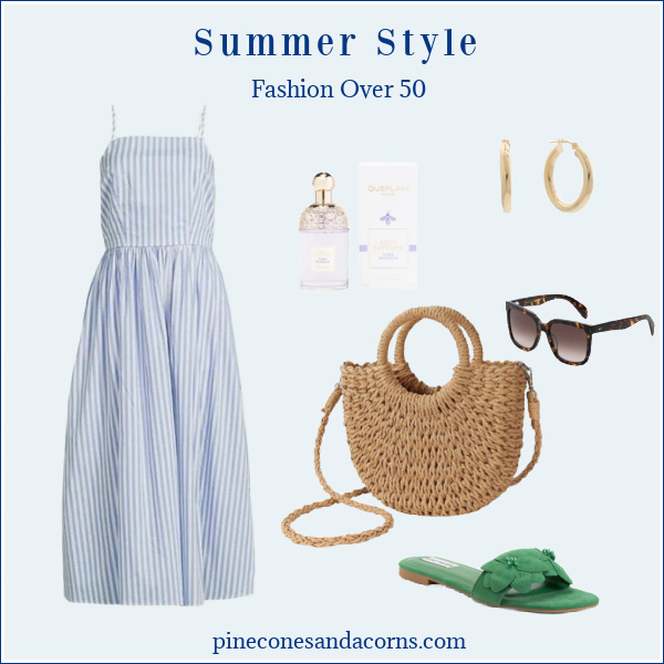 Fashion over 50 Sun Dress Outfit Summer with a blue and white stripe dress, green sandals, wicker bag, sunglasses, gold earrings and perfume. 