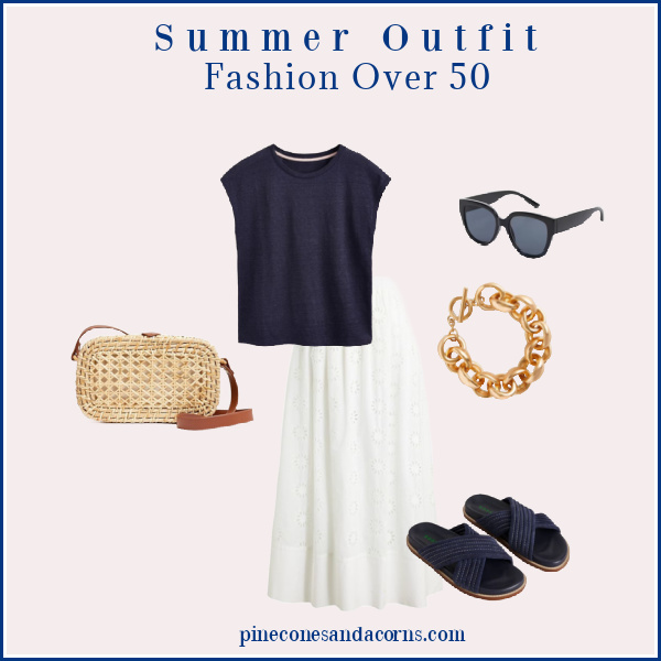 Fashion over 50 white eyelet skirt blue t-shirt