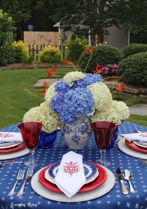 Red White and Blue tablescape with white and blue hydrangea flowers. 