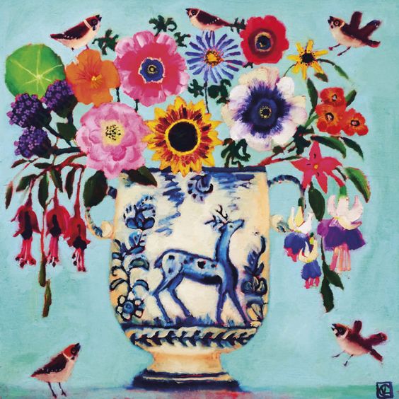 Vanessa Cooper Artist., painting ov a blue and white vase with colorful flowers. 