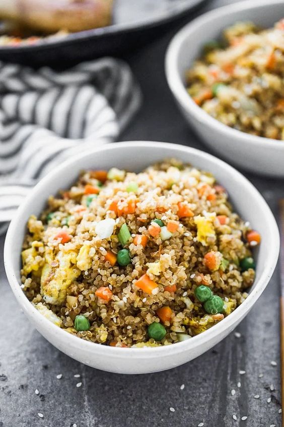 Quinoa Fried “Rice” in a white bowl. 