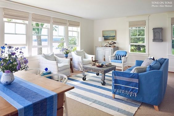 Blue and white Maine cottage living room Tone on Tone.