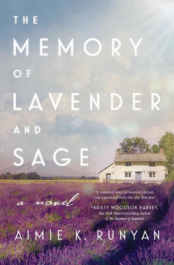 The Memory of Lavender and Sage book cover with a French farmhouse in a field of lavender. 