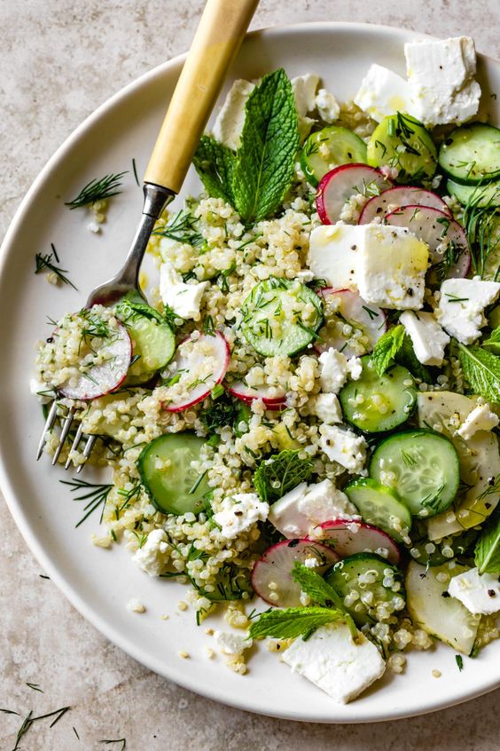 QUINOA CUCUMBER SALAD WITH FETA, DILL & MINT.