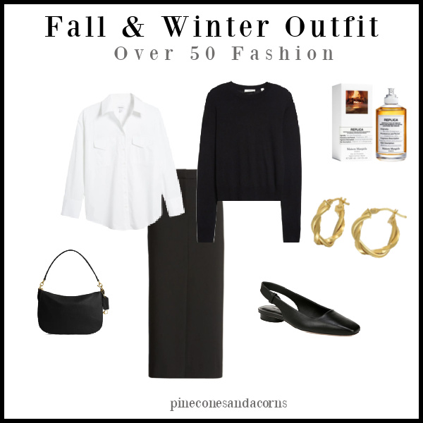 Fall & Winter Fashion Over 50 Black & White Outfit with black skirt, bag and sweater, a white birth, black sling back sandals, gold earrings and perfume. 