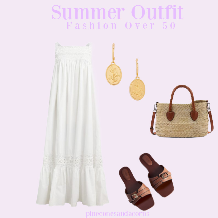 Fashion over 50 white sundress, brown sandals, gold earrings and a wicker tote with brown leather handles.