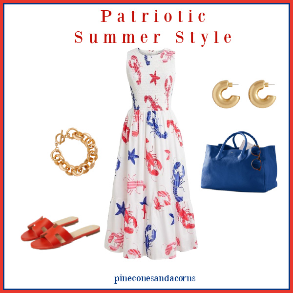 Patriotic Summer Style Over 40 Fashion, a white dress with red and blue lobster pattern, red sandals, gold earrings and a bracelet and a blue handbag with glasses and a newspaper sticking out. 