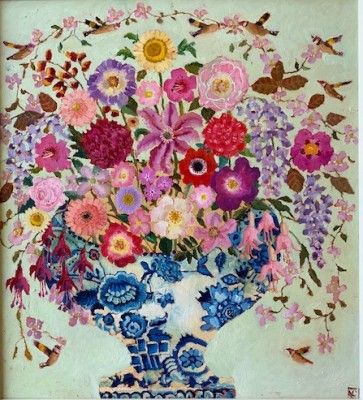 Vanessa Cooper colorful painting of a blue and white vase over flowing with colorful flowers.