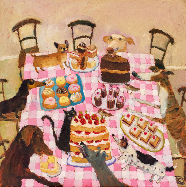 Vanessa Cooper painting of a bunch of dogs sitting around a table eating cake. 
