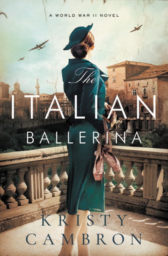 Book cover of The Italian Ballerina with a woman in a blue suit, back to view standing on a balcony. 
