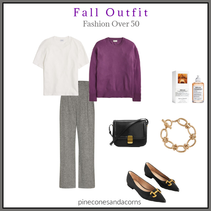 Fall outfit tan tweed pants white t-shirt purple sweater.