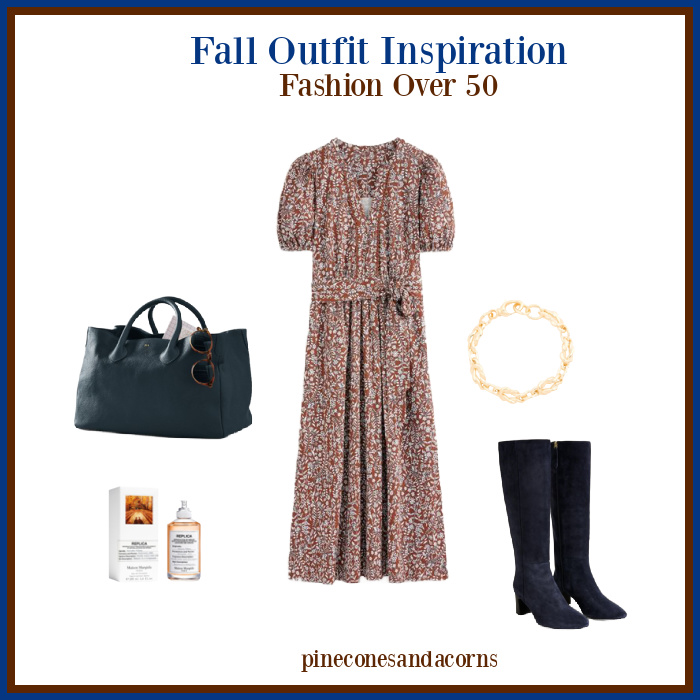 Fashion over 50 Fall Dress outfit with a brown pattern dress, blue boots and blue bag.