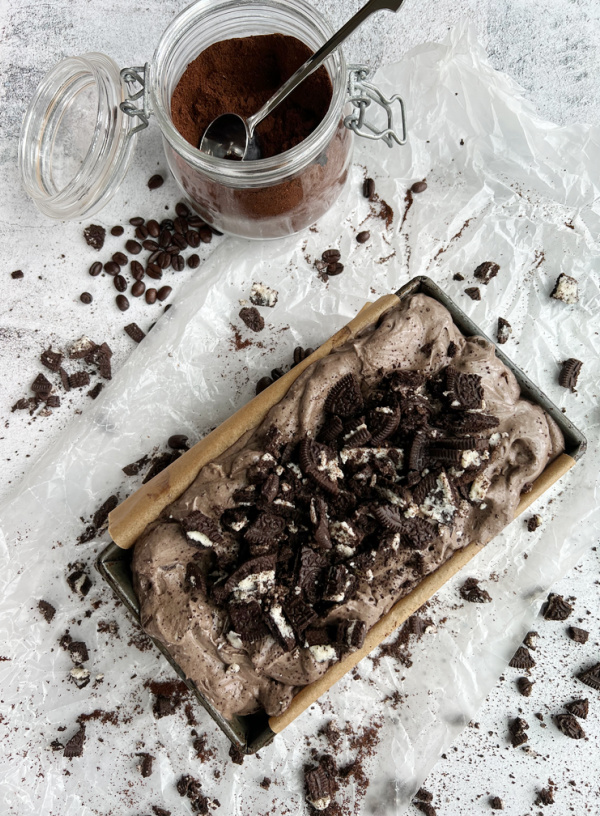 chocolate mocha cookies and cream ice cream and espresso powder.