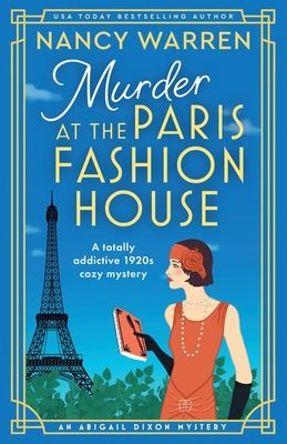 Murder at the Paris Fashion House book cover, blue with an Eiffel Tower and a woman dressed from the 1920.