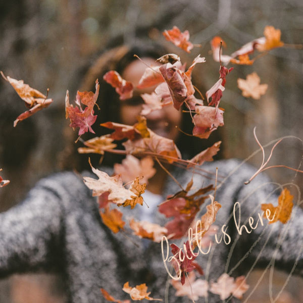 Fall self-care, woman throwing leaves. 