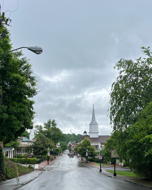 Main street Jonesboro TN with a white church steeple. 