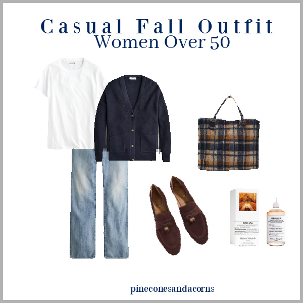 Women over 50 Fall outfit jeans, tee shirt blue cardigan, plaid tote and burgundy shoes. 