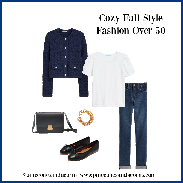 cosy fall outfit with white t-shirt, blue sweater and blue jeans