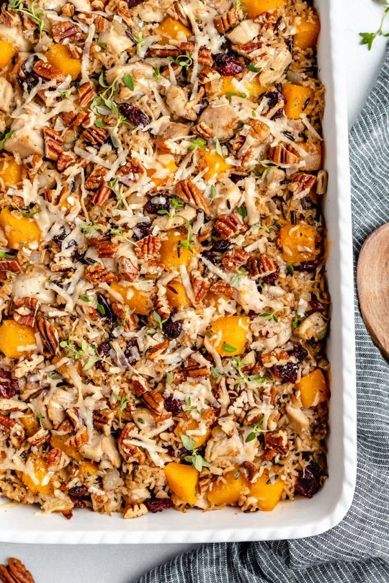 Butternut squash, chicken and wild rice casserole.