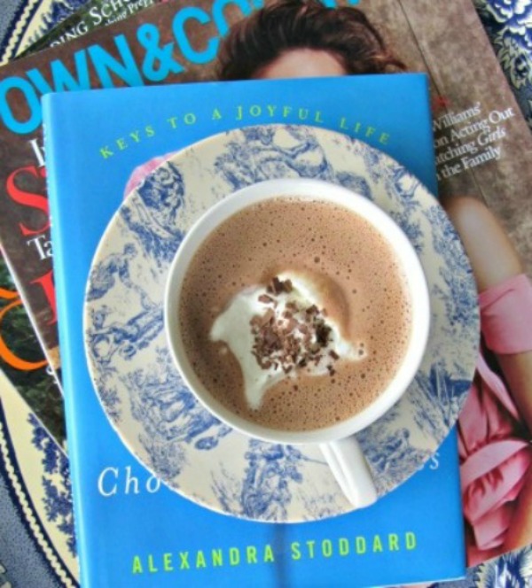 Fall self care, hot chocolate in blue and white cup on a bile of books and magazines. 
